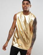 Asos Longline Sleeveless T-shirt In Metallic Gold With Dropped Armhole - Gold