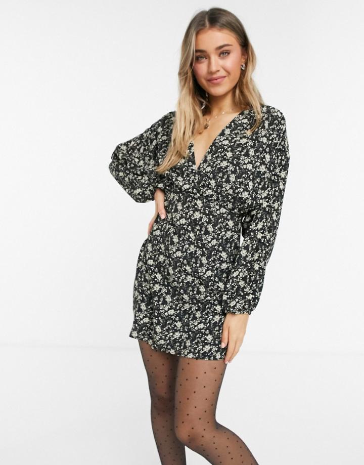 Pull & Bear V-neck Mini Dress In Dark Floral Print-multi