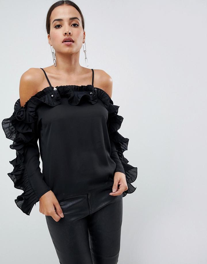Ax Paris Navy Frill Blouse - Black