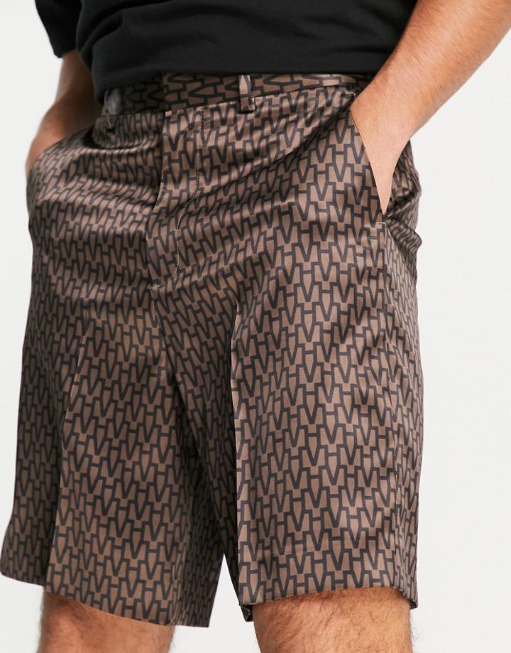 Asos Design Wide Leg Smart Shorts In Retro Brown Geo Print