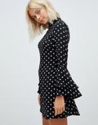 Parisian High Neck Polka Dot Shift Dress With Flare Sleeves-black