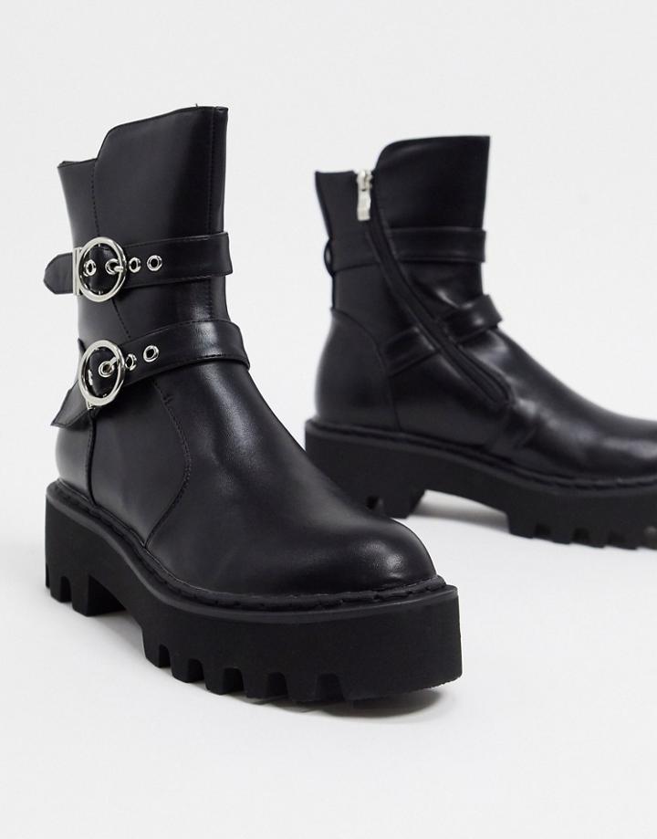Lamoda Chunky Flat Boots With Double Buckle In Black