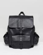 Asos Design Leather Backpack In Black With Multi Pockets - Black