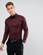 Asos Slim Sateen Shirt In Burgundy With Wing Collar And Double Cuff - Red
