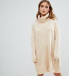 Boohoo Petite Oversized Roll Neck Sweater Dress In Camel - Blue