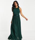Asos Design Petite Halter Belted Pleated Maxi Dress In Forest Green