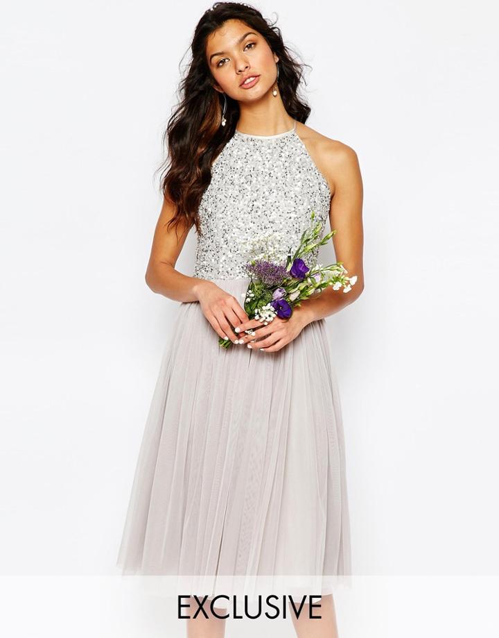 Maya High Neck Midi Tulle Dress With Tonal Delicate Sequins - Microchip