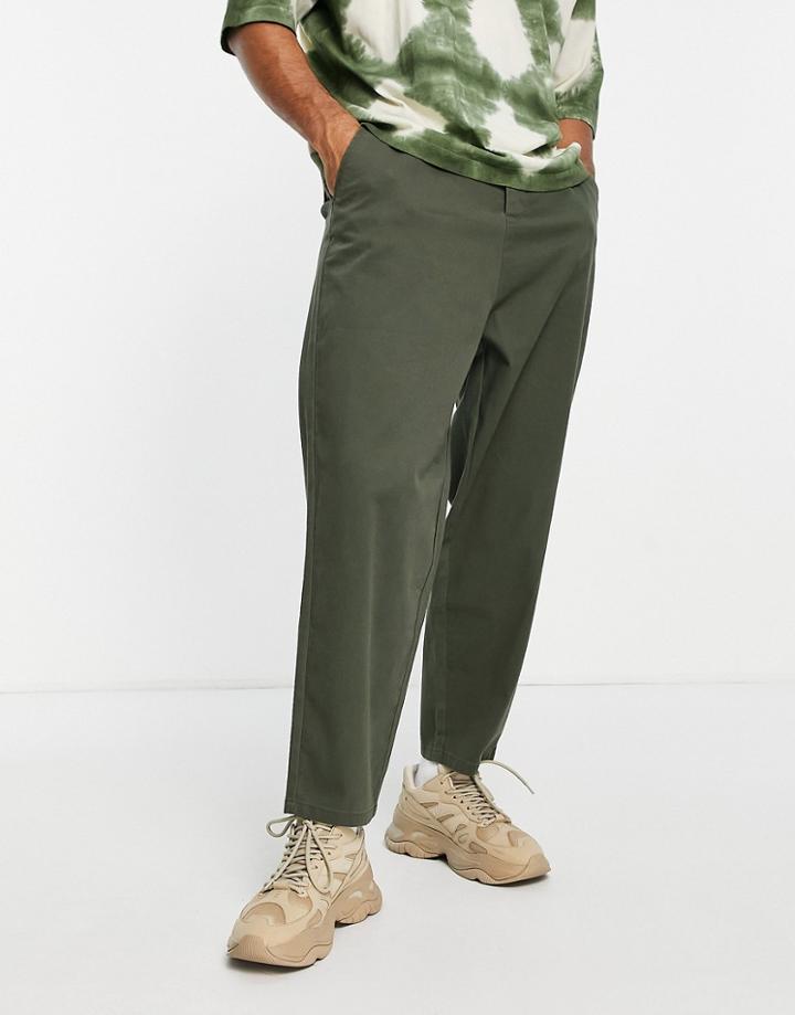 Asos Design Oversized Tapered Chinos In Dark Khaki-green