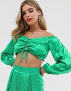 Twisted Wunder Satin Jacquard Crop Top With Ruched Front In Green - Green