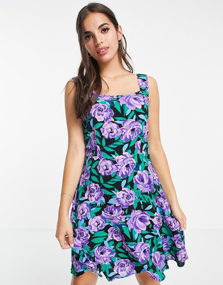 Jdy Square Neck Skater Dress In Purple Floral Print-multi