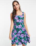 Jdy Square Neck Skater Dress In Purple Floral Print-multi