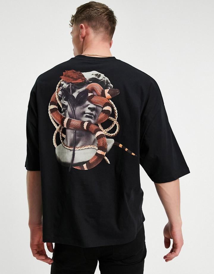 Asos Design Oversized T-shirt In Black Organic Cotton With Snake Back Print