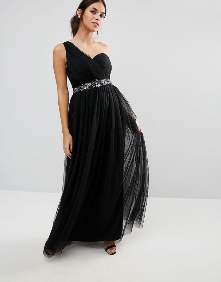Little Mistress One Shoulder Embellished Maxi Dress - Black