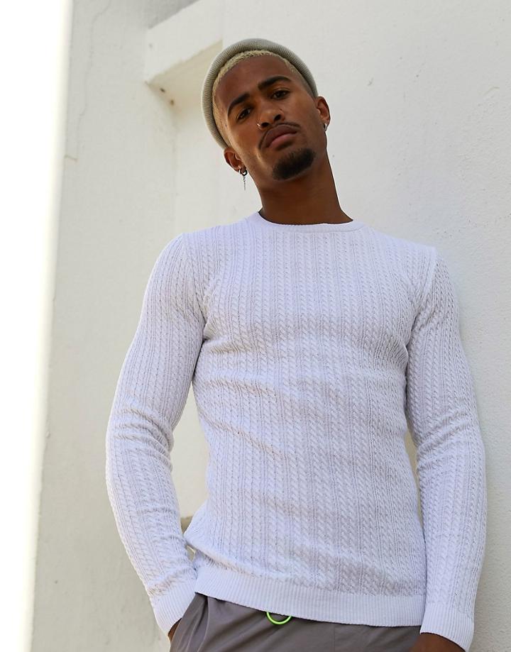 Asos Design Muscle Fit Cable Knit Sweater In White