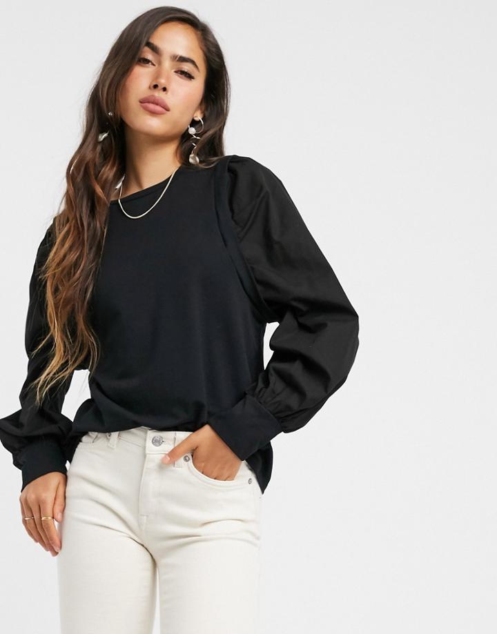 Vero Moda Sweat Top With Poplin Puff Sleeves In Black