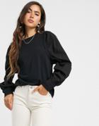 Vero Moda Sweat Top With Poplin Puff Sleeves In Black