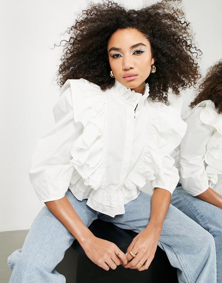 Asos Edition Ruffle Detail Shirt With High Neck In White