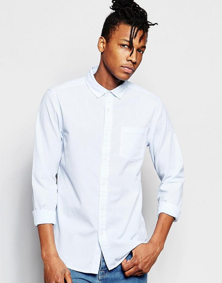 Asos Seersucker Shirt In Blue With Long Sleeves - Sky Blue