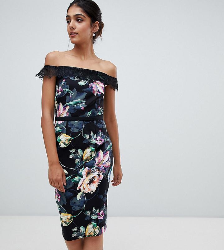 Little Mistress Tall Printed Lace Bardot Pencil Dress - Multi