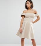 True Decadence Petite Off Shoulder Structured Full Midi Prom Dress - Tan