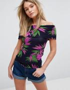Warehouse Graphic Palm Print Bardot Top - Multi