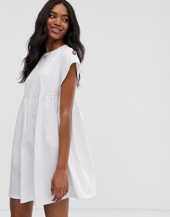 Asos Design Button Sleeve Mini Smock Dress-white