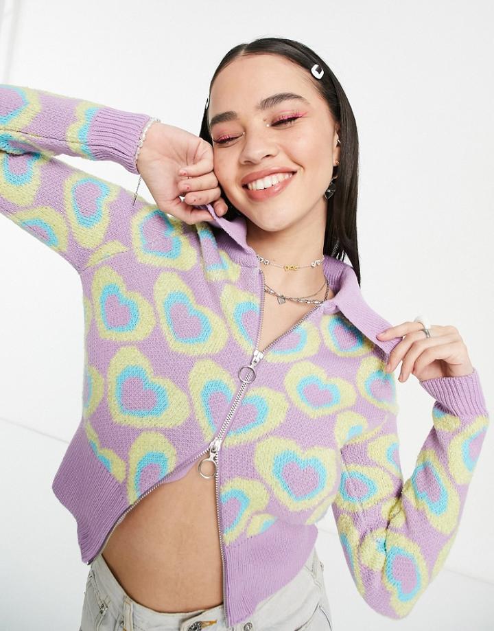 Asos Design Cardigan With Collar In Heart Pattern-purple