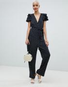 Pieces Polka Dot Ruffle Sleeve Jumpsuit - Black