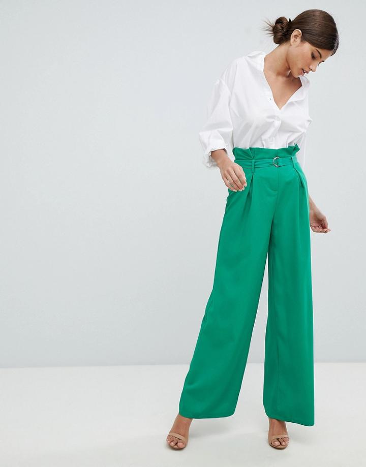 Missguided Wide Leg Paperbag Pants - Green
