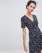 Qed London Short Sleeve Floral Wrap Dress - Navy