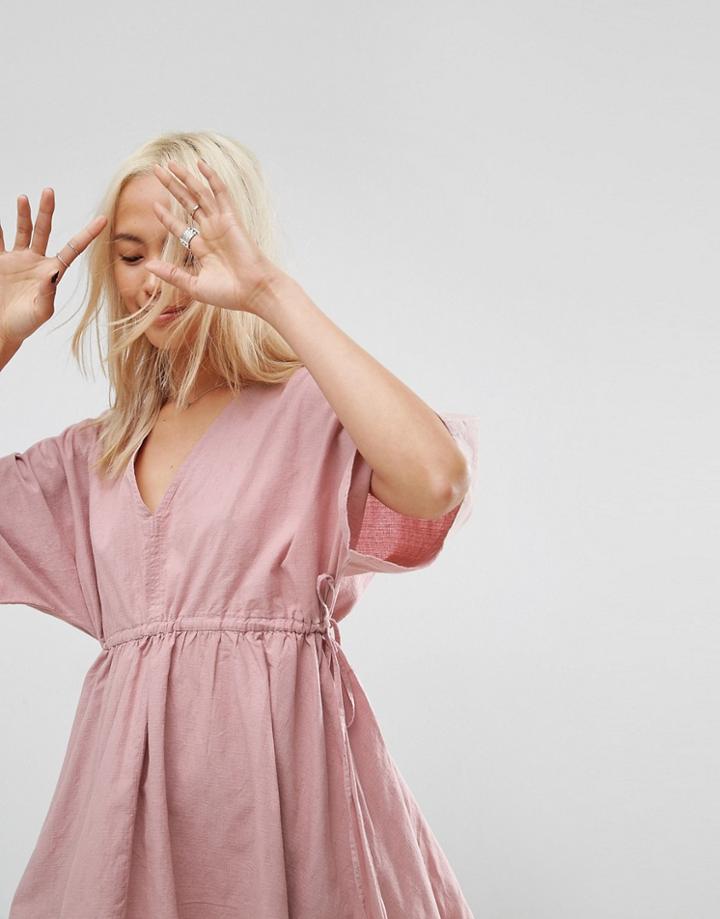 Asos V Front V Back Smock Dress With Ruched Tie Detail - Pink