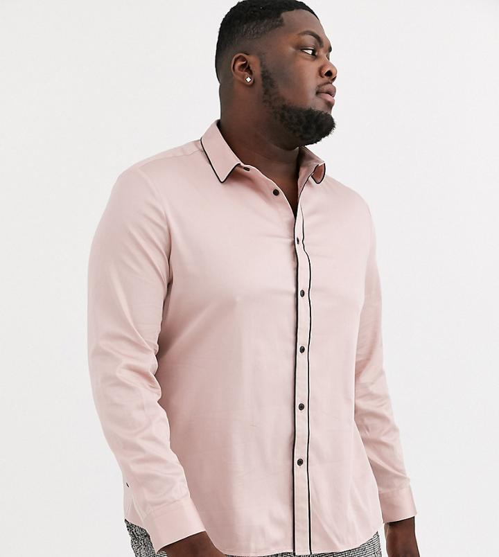 Asos Design Plus Skinny Fit Sateen Shirt With Piping In Dusty Pink