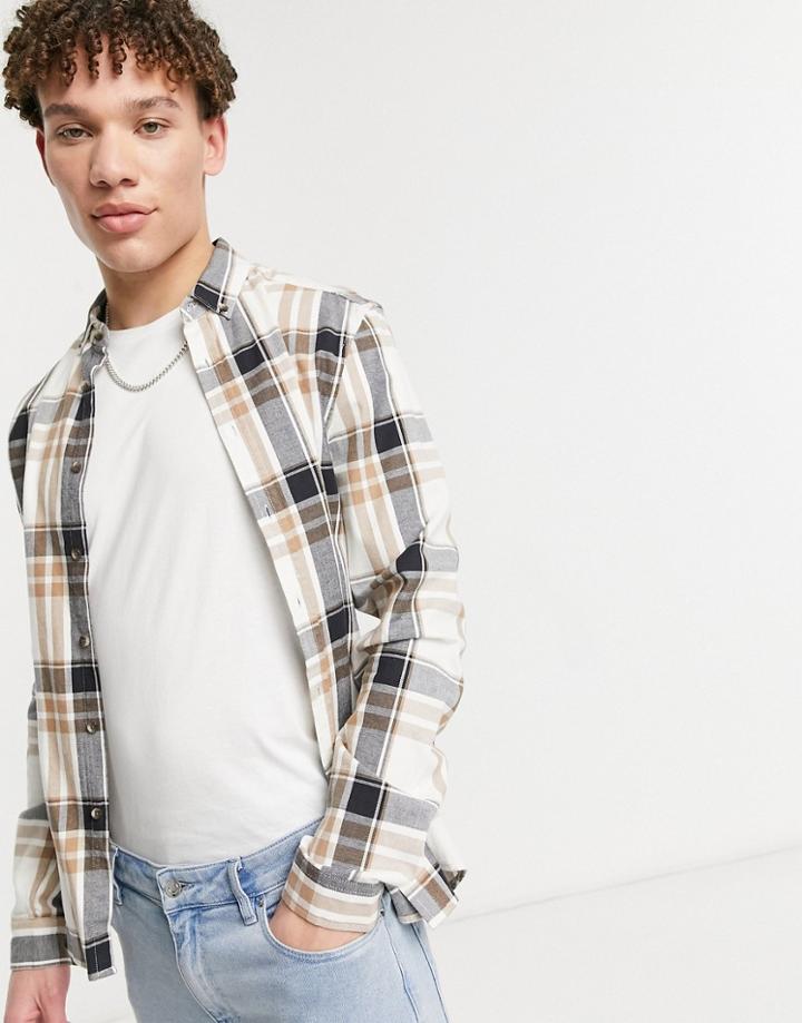 Asos Design Skinny Fit Check Shirt In Brown And Ecru-neutral