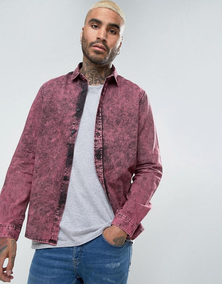 Asos Regular Fit Denim Shirt With Acid Wash - Purple