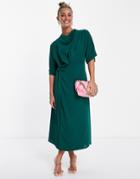 Asos Design Cowl Neck Midi Dress With Wrap Skirt In Forest Green