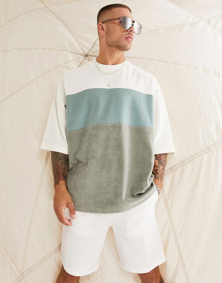 Asos Design Oversized T-shirt In Green Color Block In Towelling-gray