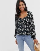 Asos Design Long Sleeve Tea Blouse With Sweetheart Neck In Daisy Print-multi