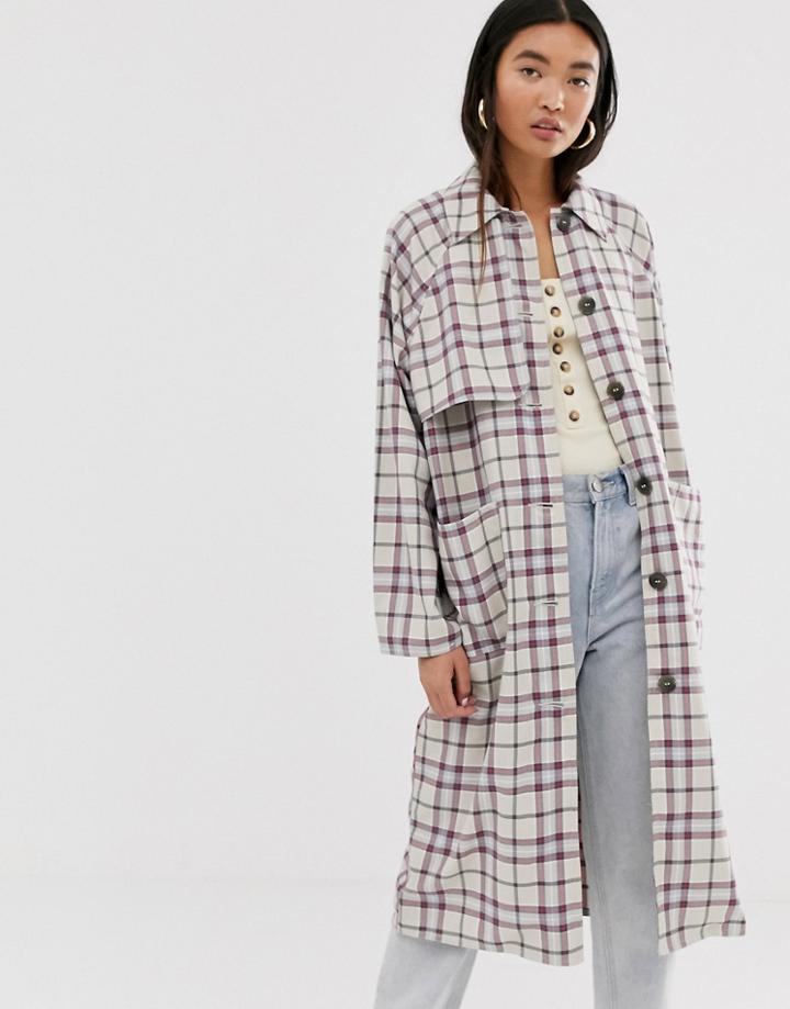 Monki Check Lightwieght Coat In Beige And Pink