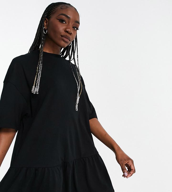 Asos Design Tall Oversized T-shirt Dress With Frill Hem In Black