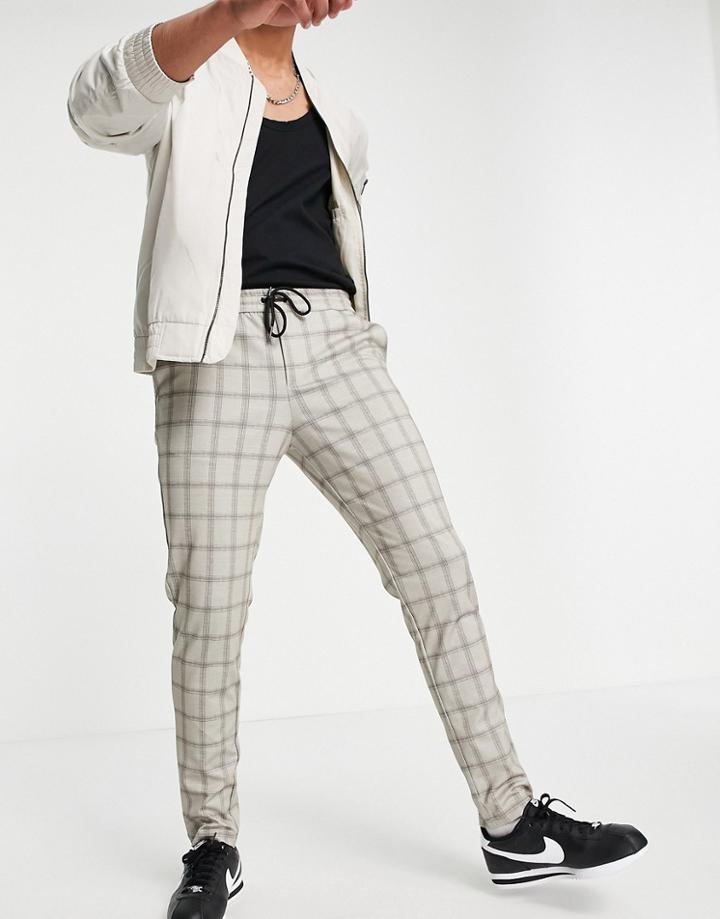 Jack & Jones Intelligence Drawstring Jersey Pant In Beige Check-neutral