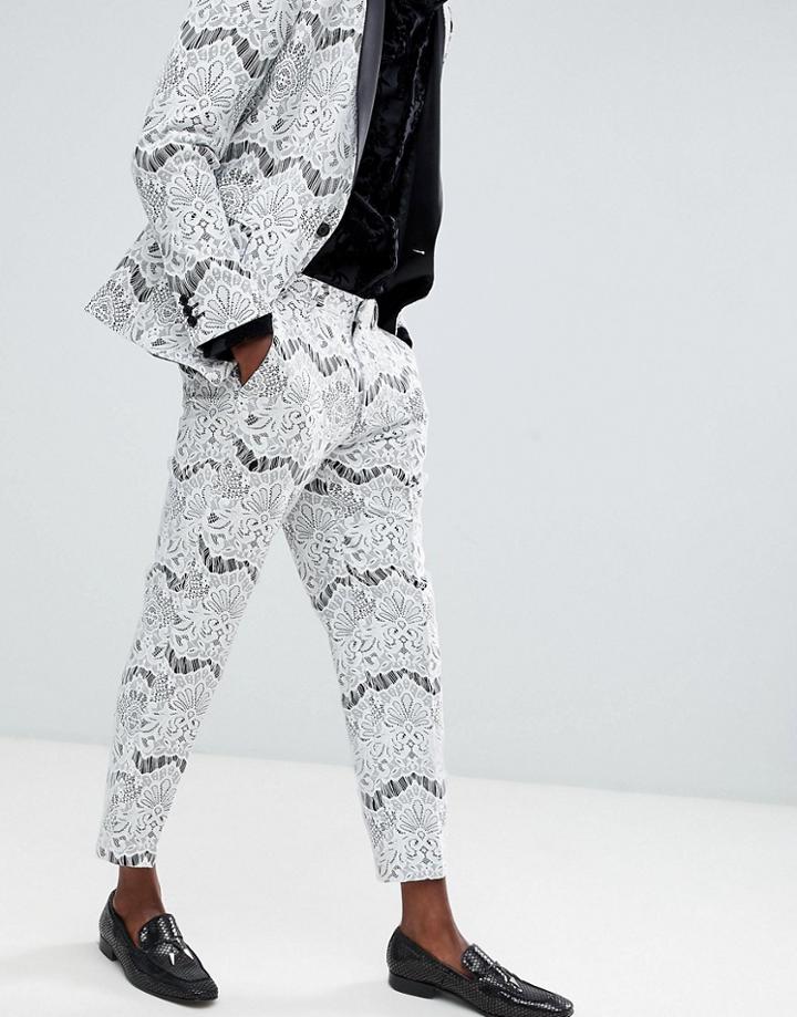 Asos Edition Skinny Crop Tuxedo Suit Pants In White Lace - White