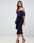 True Violet Bandeau Midi Bodycon Dress With Frill Detail In Navy - Navy