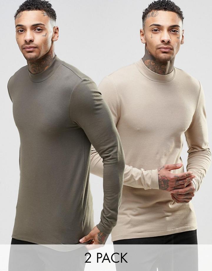Asos Muscle Long Sleeve T-shirt With Turtle Neck 2 Pack Save 21% - Multi