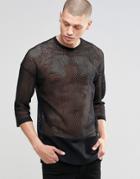 Asos Mesh Oversized 3/4 Sleeve T-shirt - Black