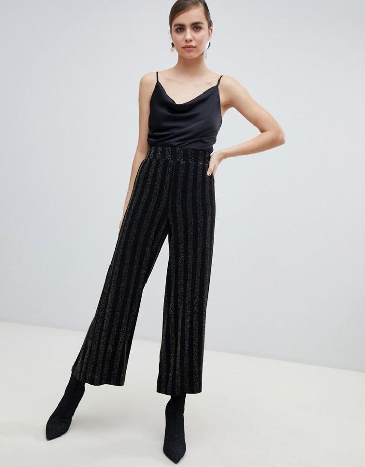 Monki Glitter Stripe Wide Leg Pants In Black - Gold
