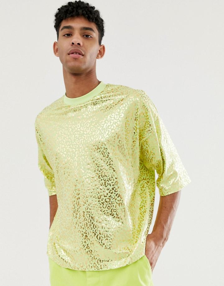 Asos Design Oversized Cropped T-shirt In Neon Green With All Over Gold Foil Leopard Print - Green