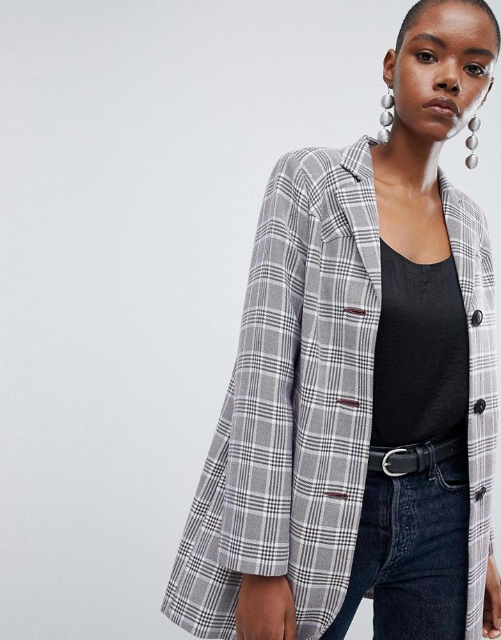 Asos Design Check Formal Coat With Western Stitching - Multi