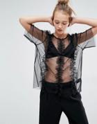 Monki Frill Mesh T-shirt - Black
