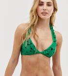 Warehouse Bikini Top With Frill In Polka Dot - Green
