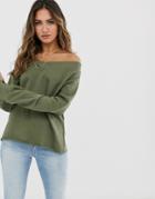 Asos Design Off Shoulder Sweatshirt In Khaki-green
